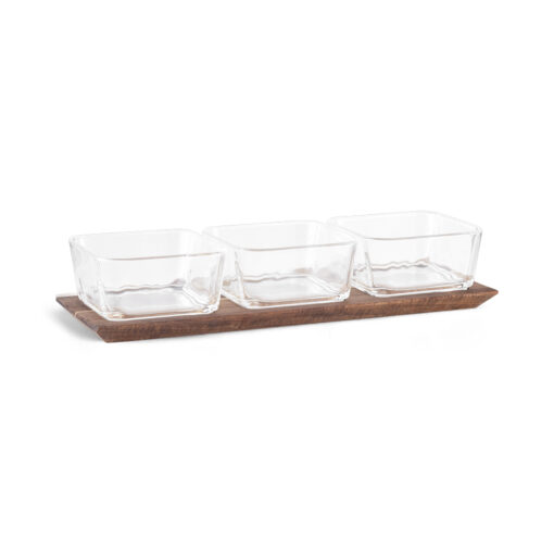 3 Pcs Glass Bowl Set with Wooden Tray