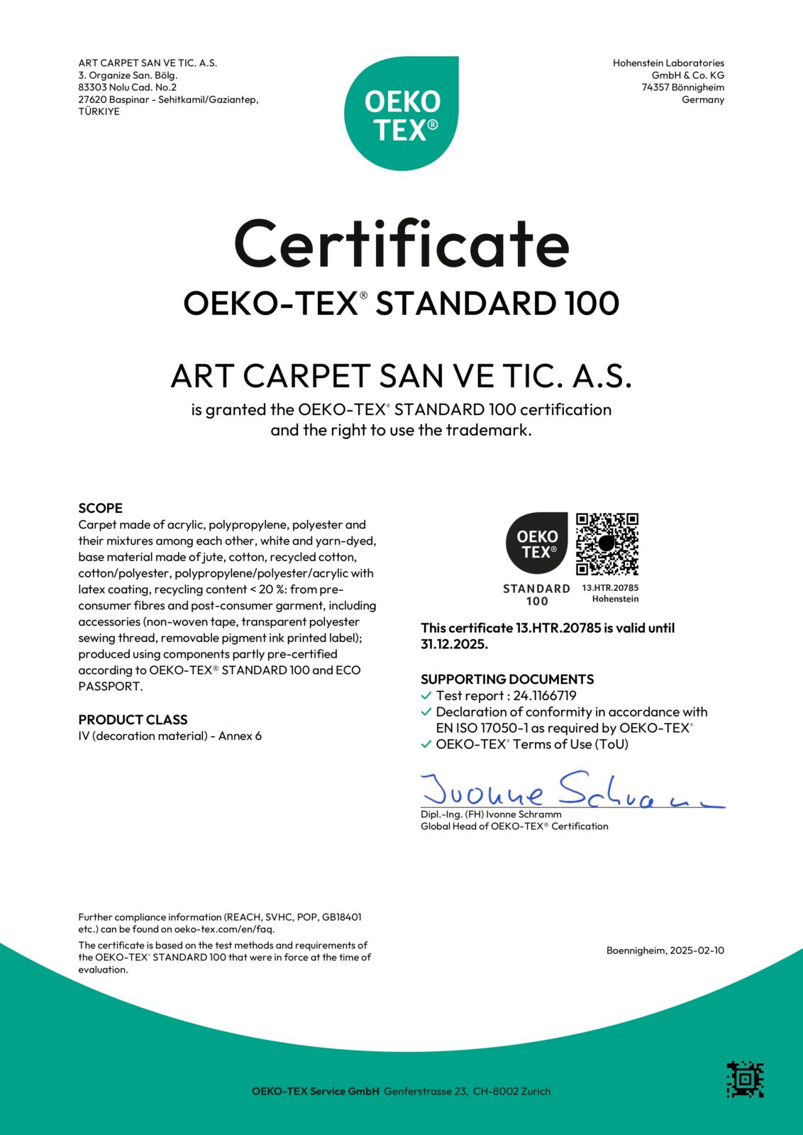 OEKO-TEX Standard 100 Certificate